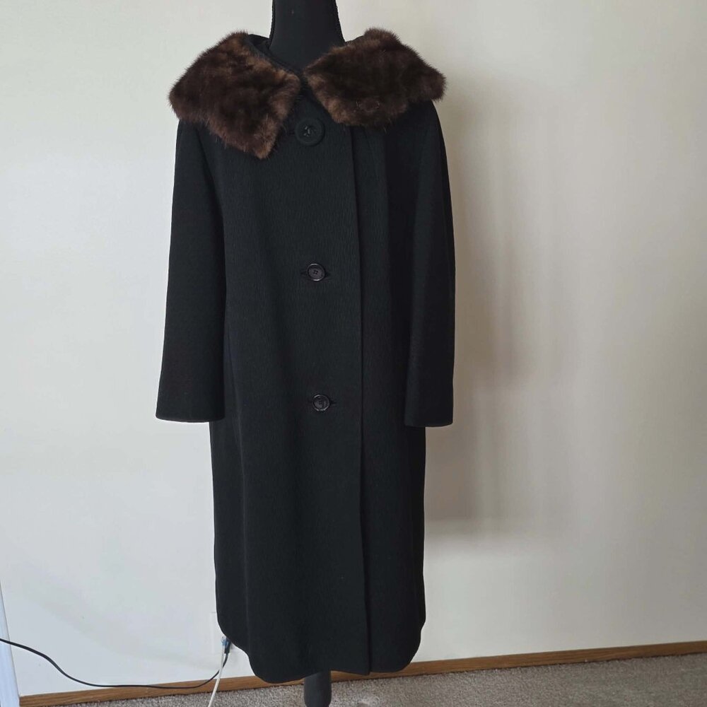 MEYER JONASSON VINTAGE BLACK COAT 1960'S FAUX FUR COLLAR SIZE XL